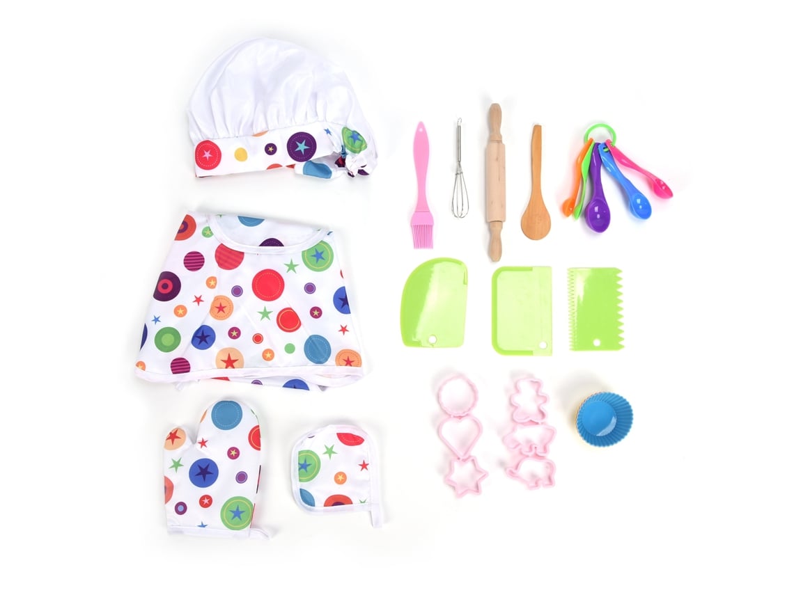 Conjunto de Chef Infantil Lavável BJ-26 Peças com Avental e Utensílios de Cozinha para Brincar de Chef