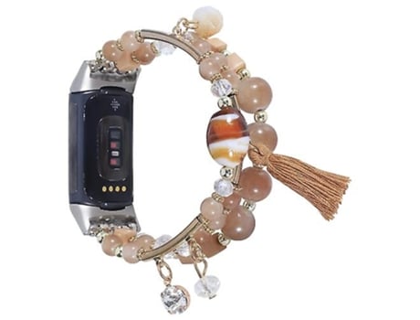 Pulsera para Fitbit Charge 5 Correa de reloj de cadena de cuentas redondas Café VENISYMLIS