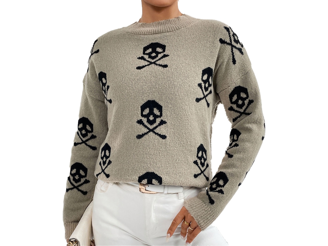 Kkpm-jersey De Punto Para Mujer Cuello Redondo Casual Estampado Pull-over Para Otoño Invierno Primavera Halloween Café Talla L