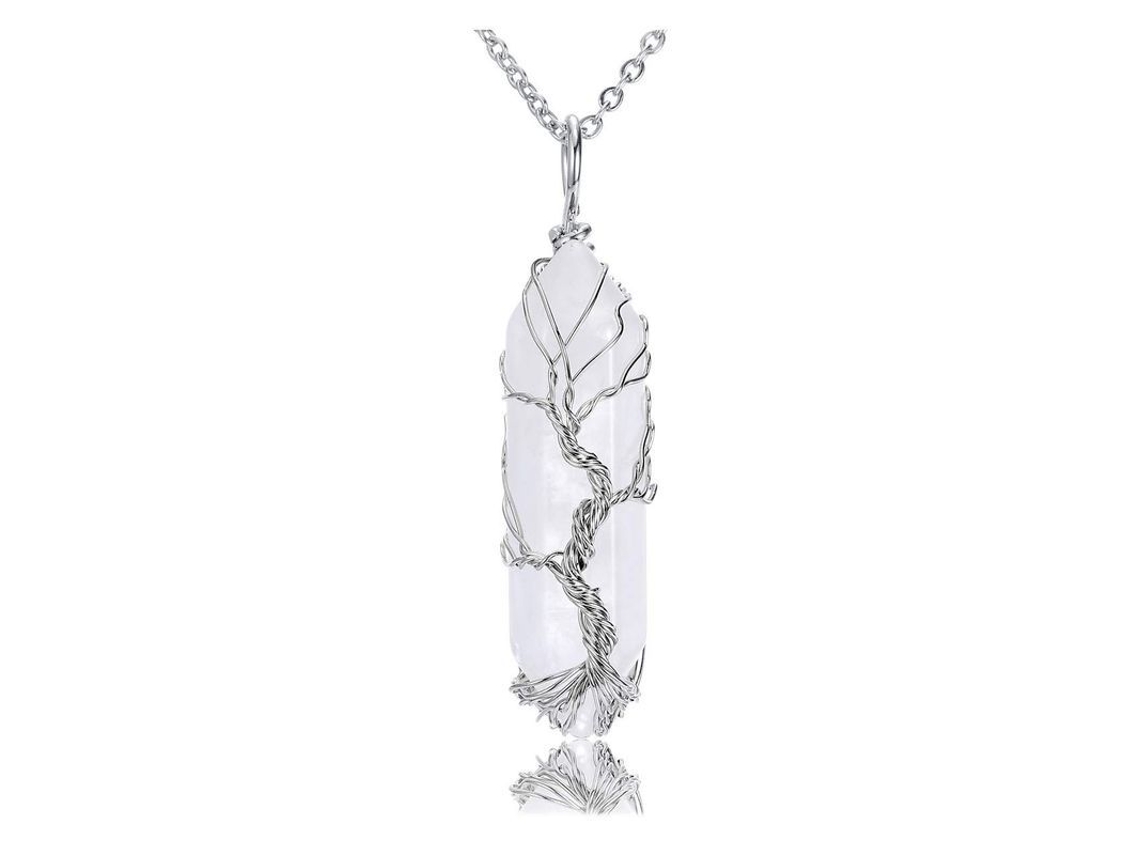 2026-colar De Pedra De Cristal Natural Linjou Árvore Da Vida De Prata (cuarzo Claro)