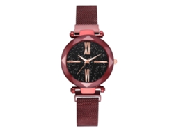 Reloj De Cuarzo De Moda Para Mujer Con Correa De Aleación Y Esfera Con Diseño De Cielo Estrellado (rojo)