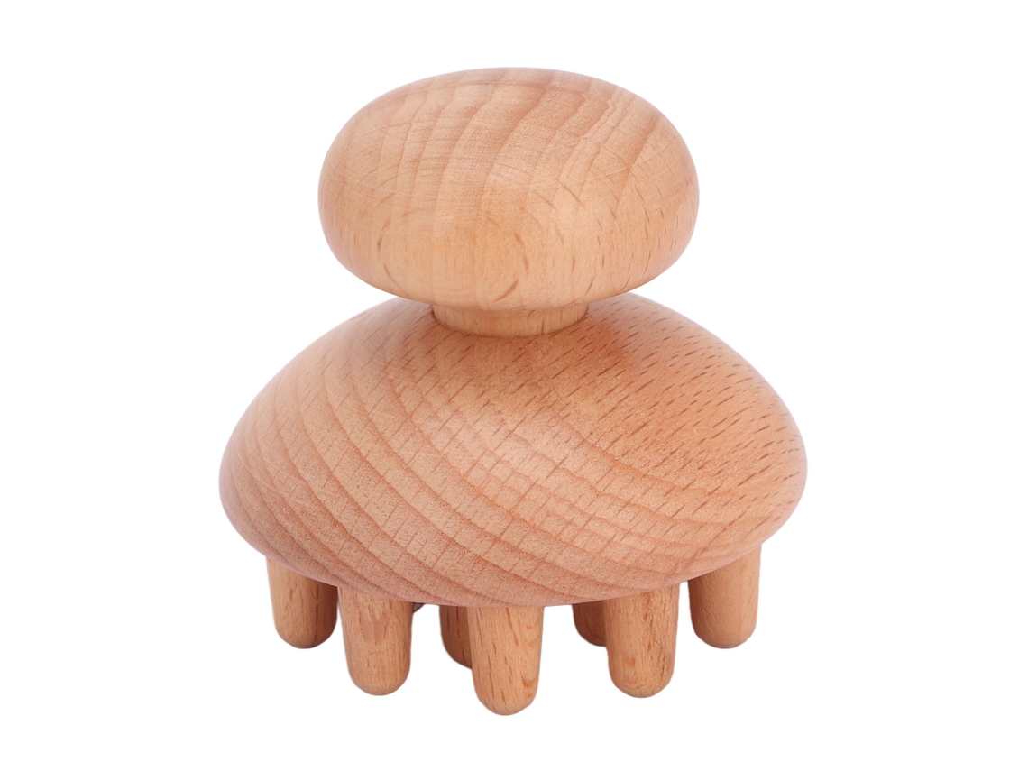 Massageador portátil manual em formato de cogumelo de madeira, modelo 2026, para cabeça, cintura, abdômen e coxas - Estimula a circulação e limpa os meridianos.