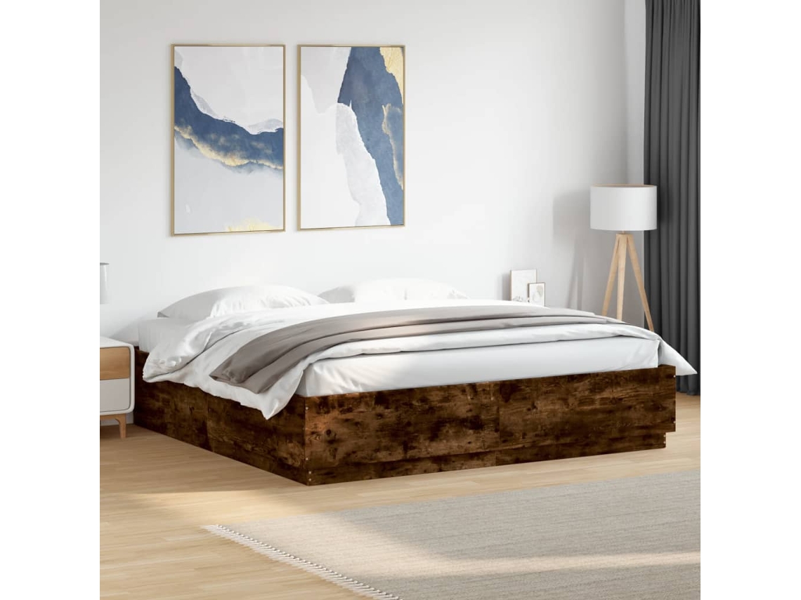 Estructura Cama Con Luces Led Madera Roble Ahumado 200x200 Cm