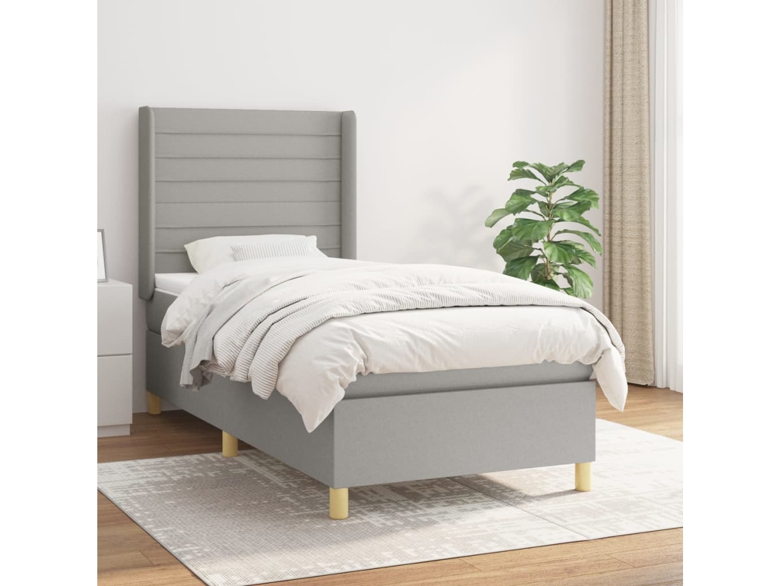 Cama box spring con colchón tela gris claro 90x200 cm