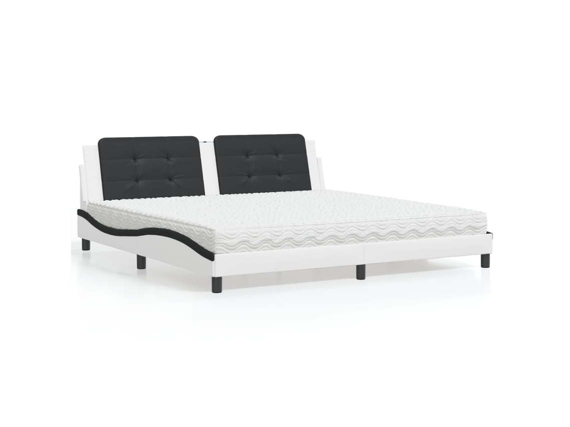 Cama Con Colchón Cuero Sintético Blanco Y Negro 200x200 Cm