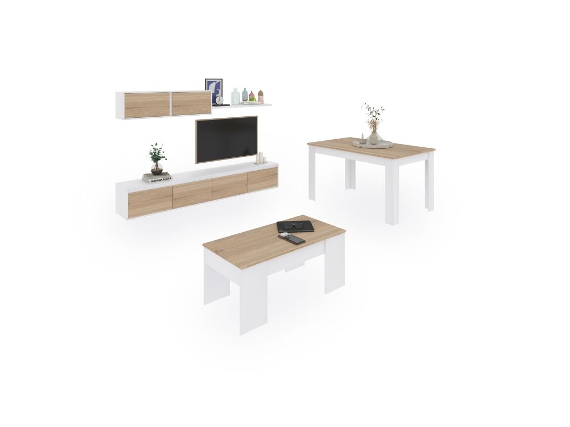 Conjunto de sala con mesa de centro y mesa de comedor Arlet Max V2b Blanco Artik Roble Canadiense 200 x 43 x 41 cm Duehome (Blanco Mate)