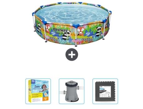 Piscina BESTWAY Round Steel Pro - 274 x 66 cm - Animal print - Incluida Paquete de mantenimiento - Bomba - Baldosas