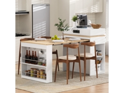 Isla de cocina con ruedas, mesa extensible con tablero plegable, barra con enchufes y ganchos.