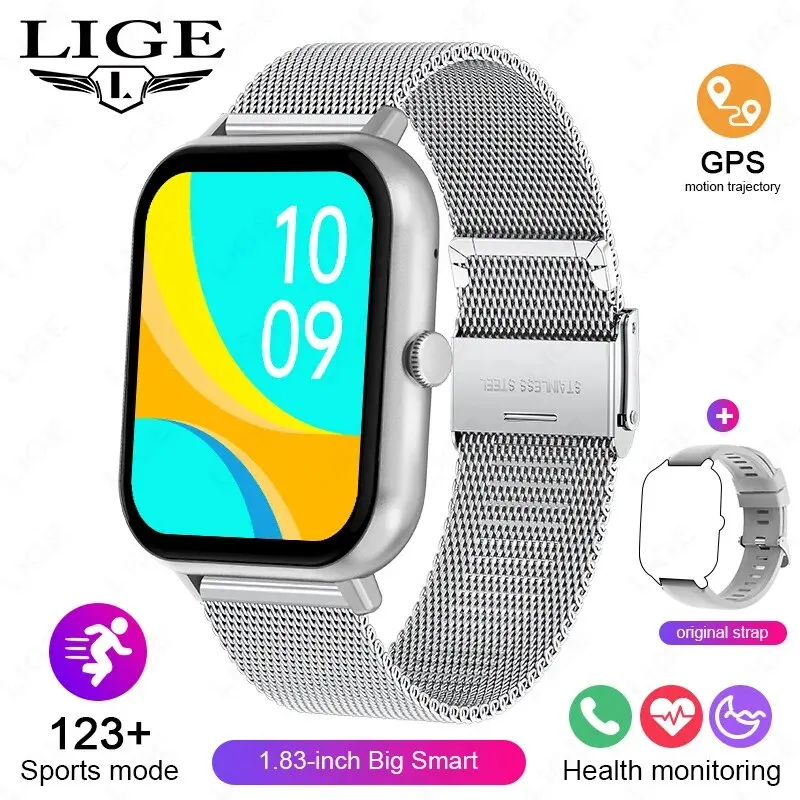 Reloj inteligente (plateado, correa de malla) con llamadas Bluetooth, unisex, pantalla táctil completa, para deportes y actividades físicas.