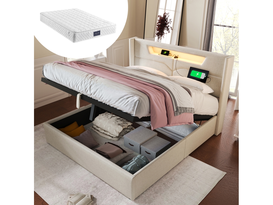 Cama tapizada LED de 160 x 200 cm con carga USB, iluminación LED CE, tela de lino y base Mobrio (con colchón)