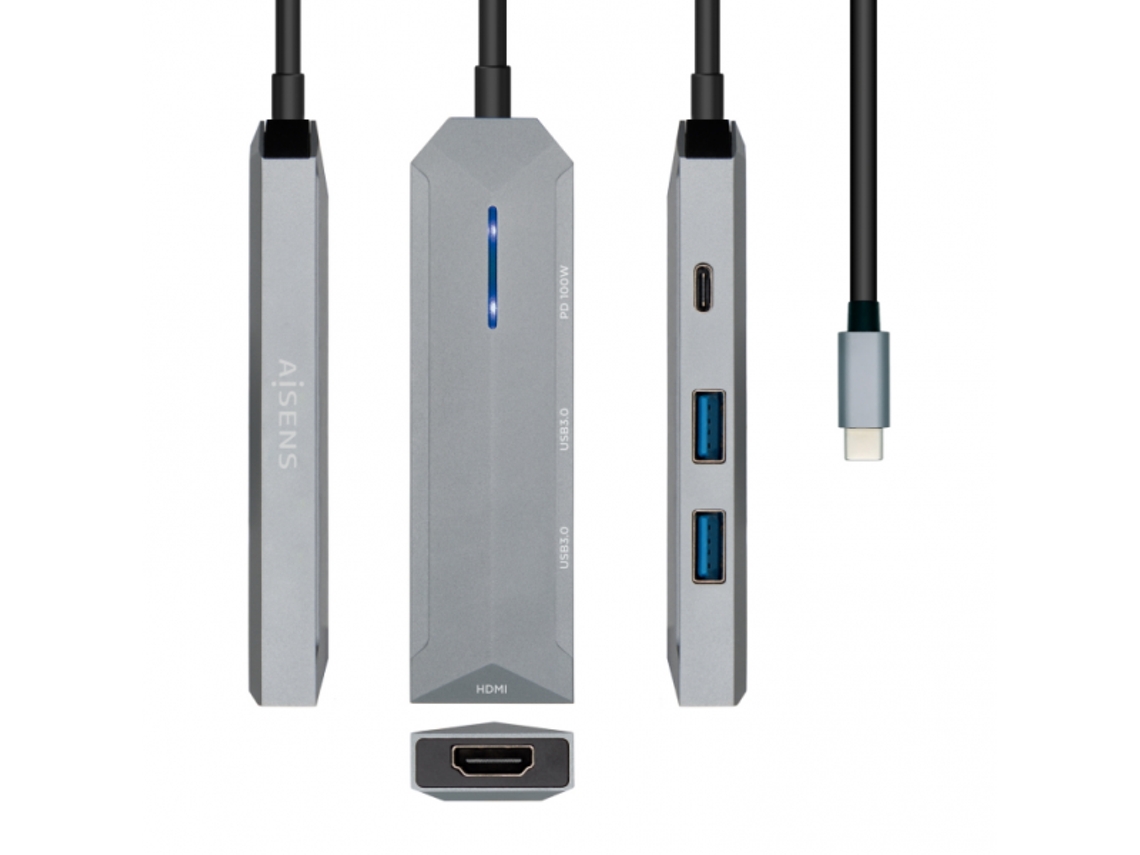 AISENS USB-C DOCK 4 EN 1 USB-C A 1xHDMI 2xUSB 1xPD GRIS 15CM