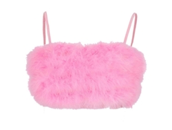 Top Crop Mujer Sexy Con Cintas Finas Plumas Fluffy Camiseta Bralette Blanco Talla L Rosa S