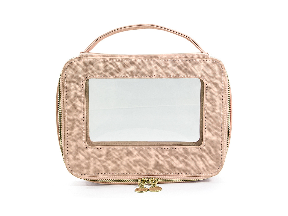 Bolso de maquillaje de viaje para mujer, de piel con ventanas transparentes y cremallera dorada NEVEANCE