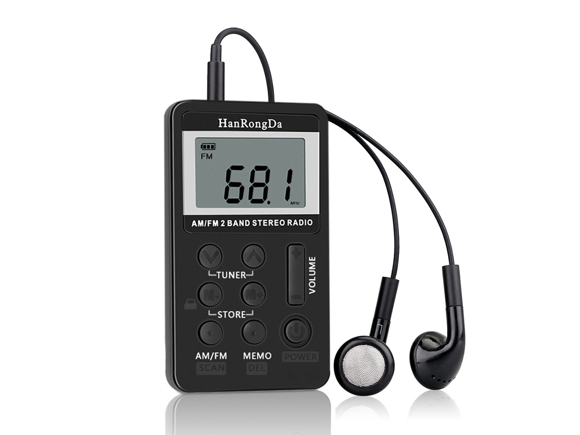 Radio portátil Mdug con batería recargable, receptor estéreo AM/FM, auriculares y pantalla LCD.