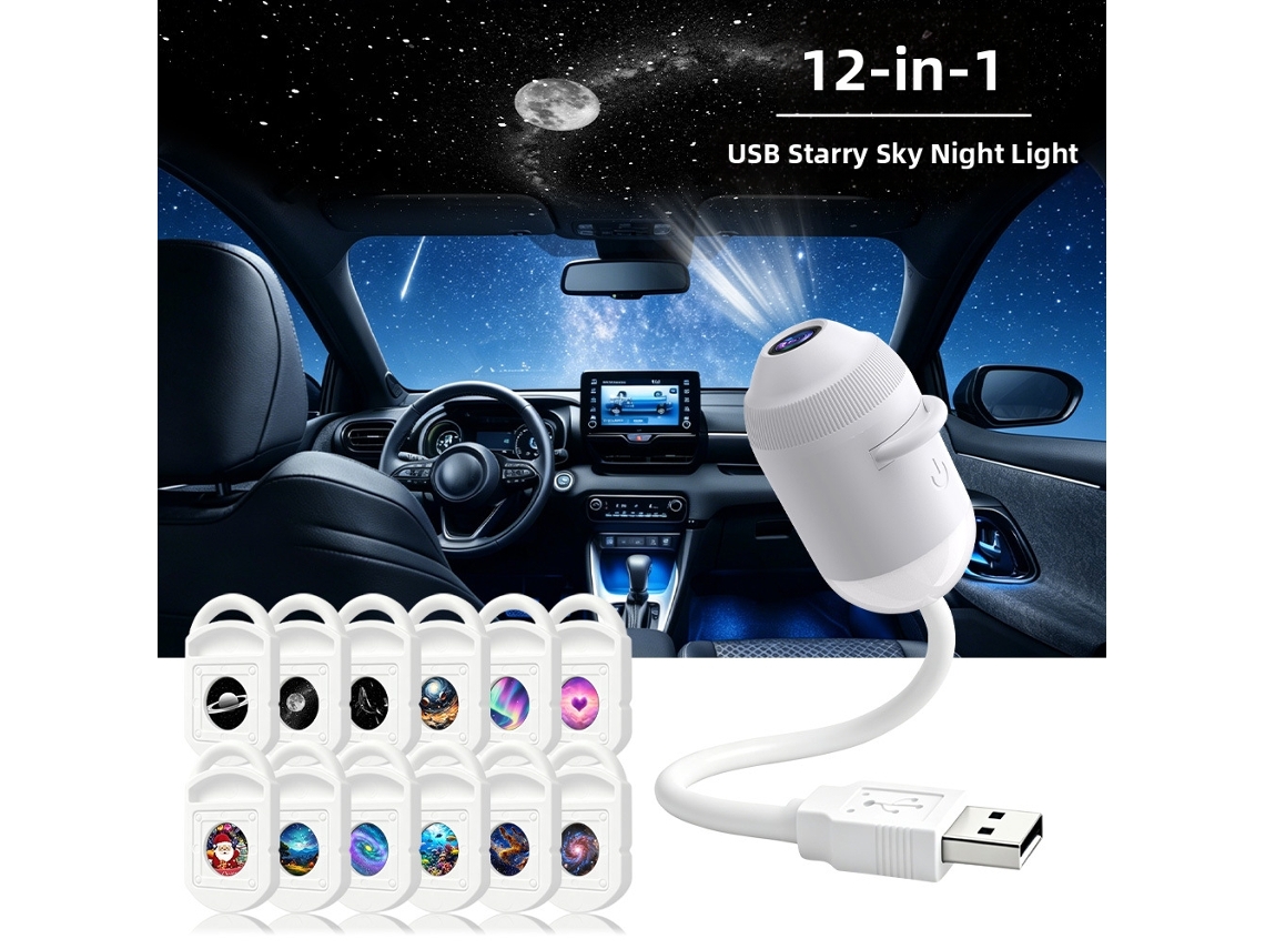 Luz Noturna de Projeção 2 em 1 com 12 Películas Deslizantes, Brilho Ajustável, Usb, para Carro Ou Casa CZHHMART