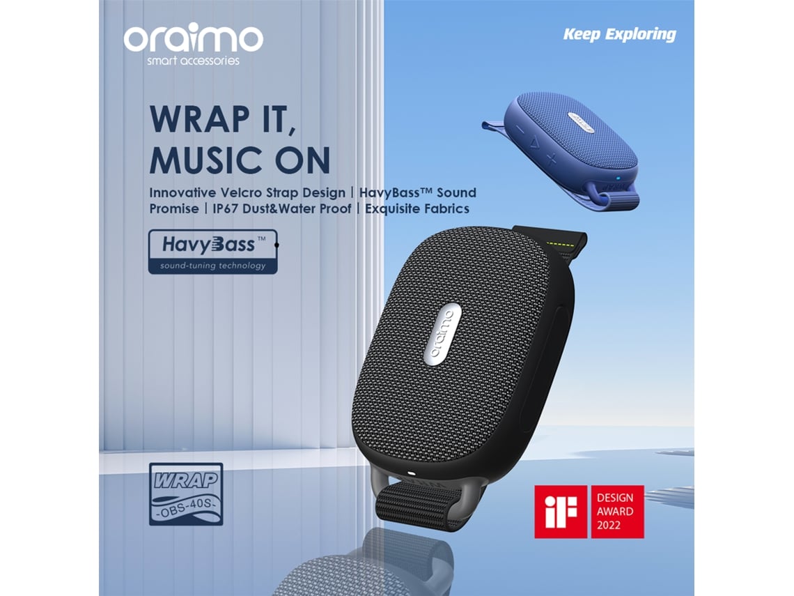 Oraimo Wrap Alto-falante Sem Fio Com Velcro Ip67 Resistente À Água 10h De Reprodução Portátil Obs-40s
