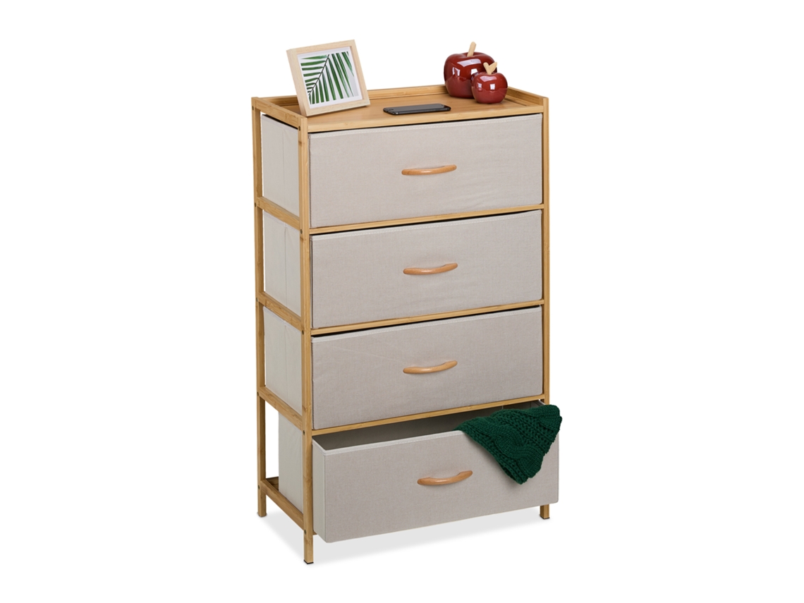 Relaxdays Cómoda, Bambu, 4 Gavetas De Tecido, Sala, Quarto, Hbt 94 X 85 X 32,5 Cm, Móvel De Gavetas, Natural/bege