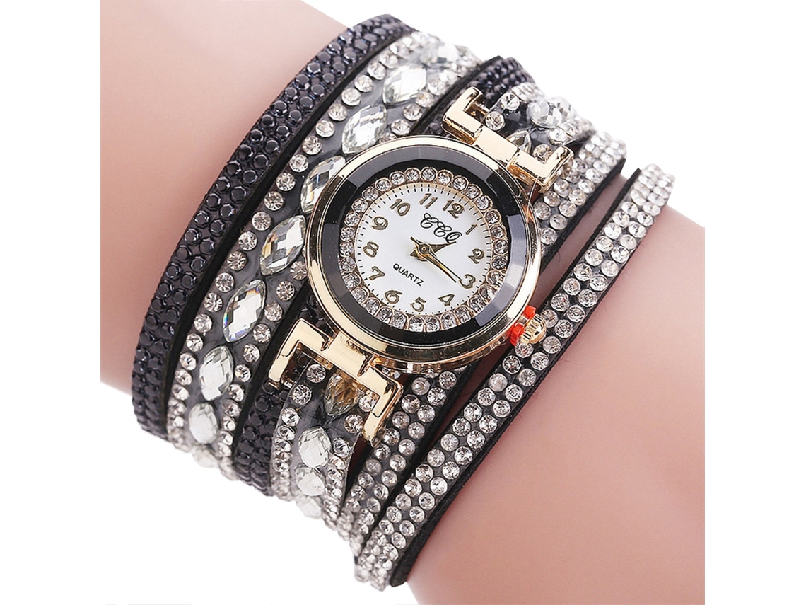 Reloj Analógico De Cuarzo Para Mujer Con Diamantes De Imitación, Correa De Poliuretano Y Esfera Redonda Negra.
