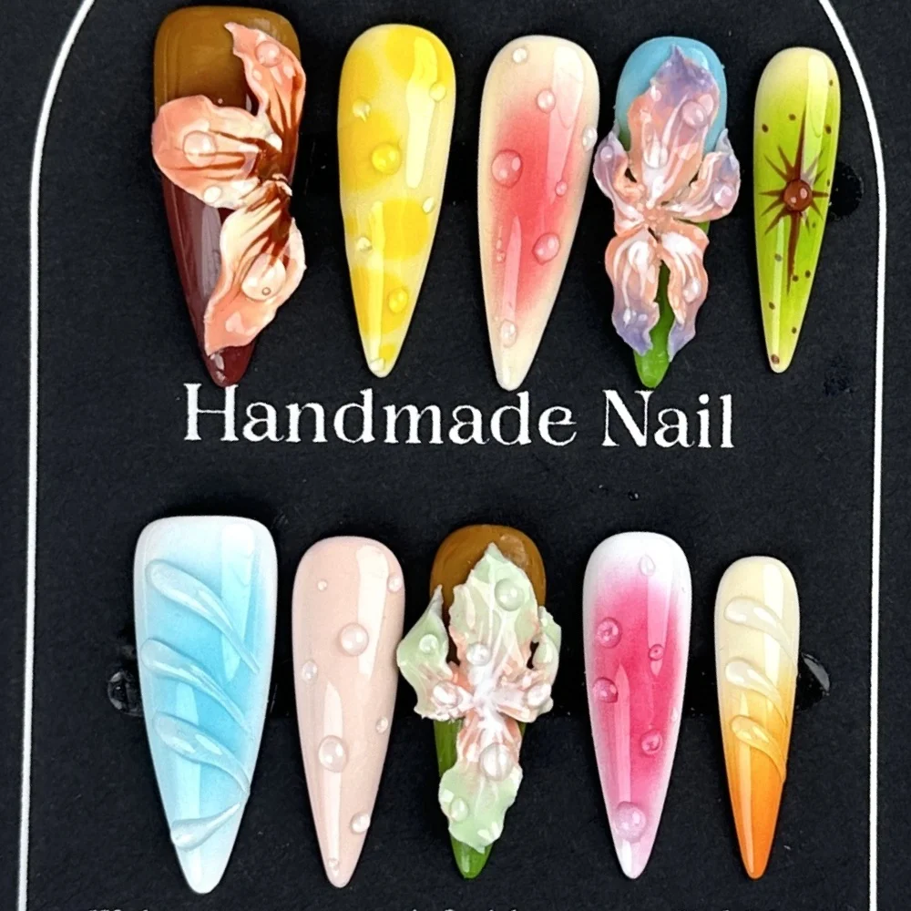 (w016-s) Set De 10 Uñas Postizas Hechas A Mano, Tipo Prensado