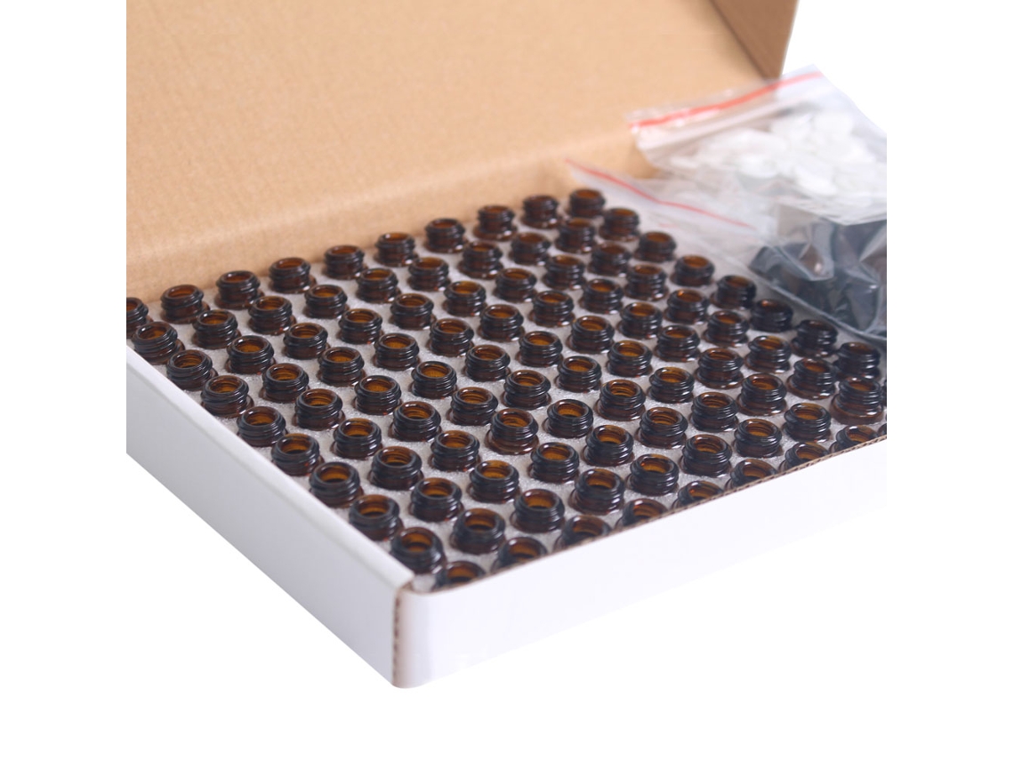 100 Frascos De Vidrio Ámbar De 1 Ml Para Aceites Esenciales, Recargables Con Tapones Negros.