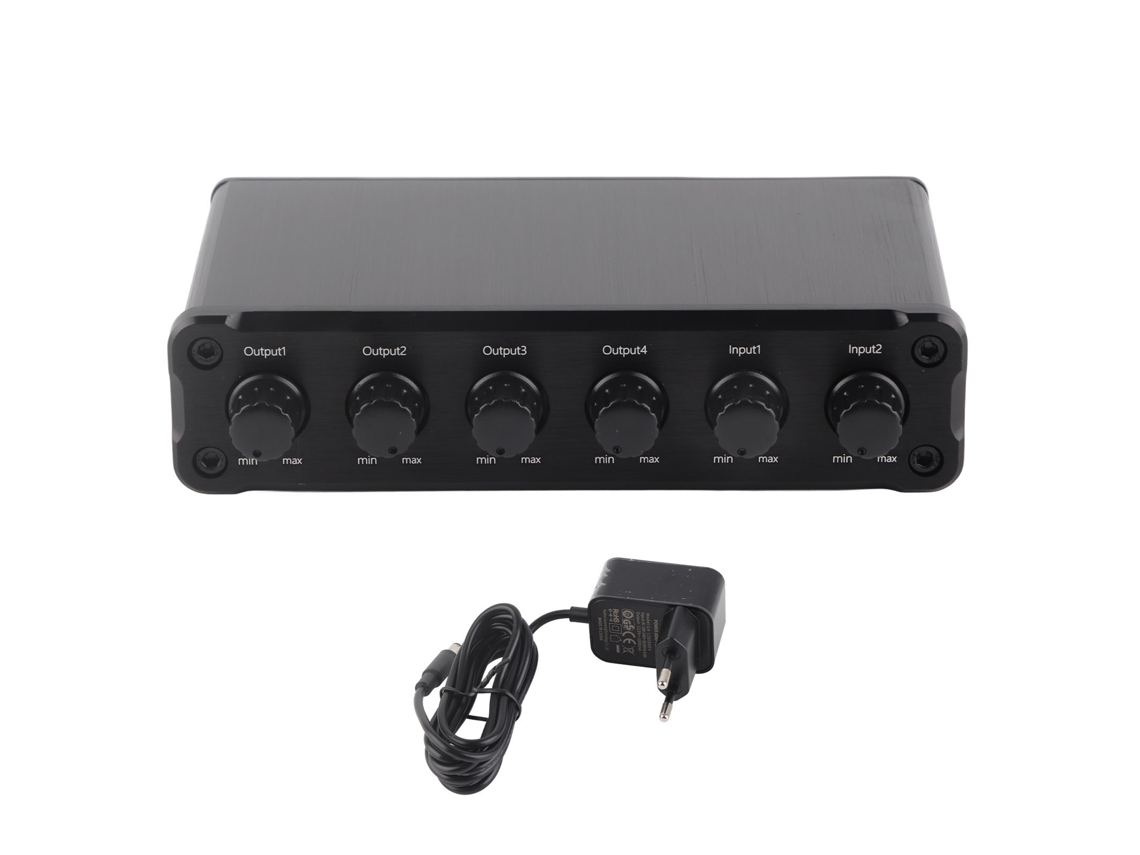 Mezclador/distribuidor De Sonido De 2 Entradas Y 4 Salidas Con Volumen Ajustable Y Conector Jack Europeo De 3,5 Mm.
