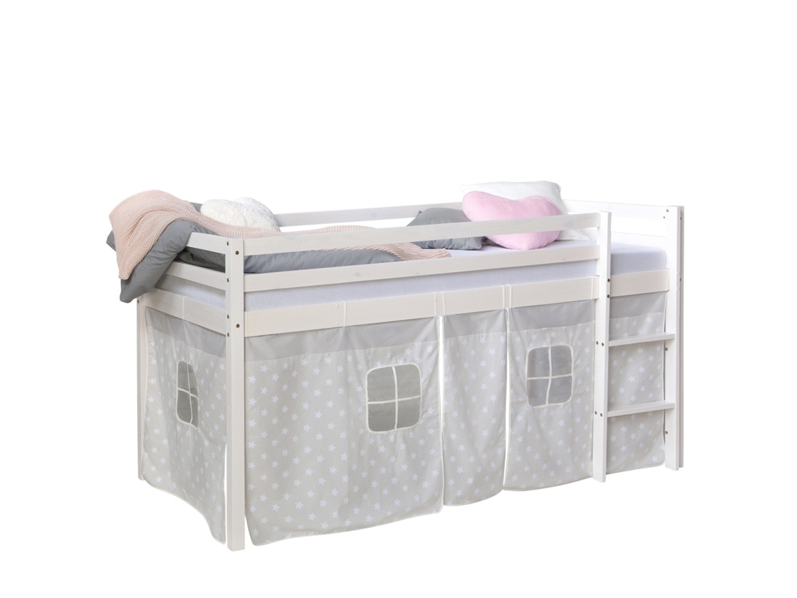 Cama Alta De 90x200cm Con Escalera De Madera Blanca Y Tela De Estrellas Grises Lit06183
