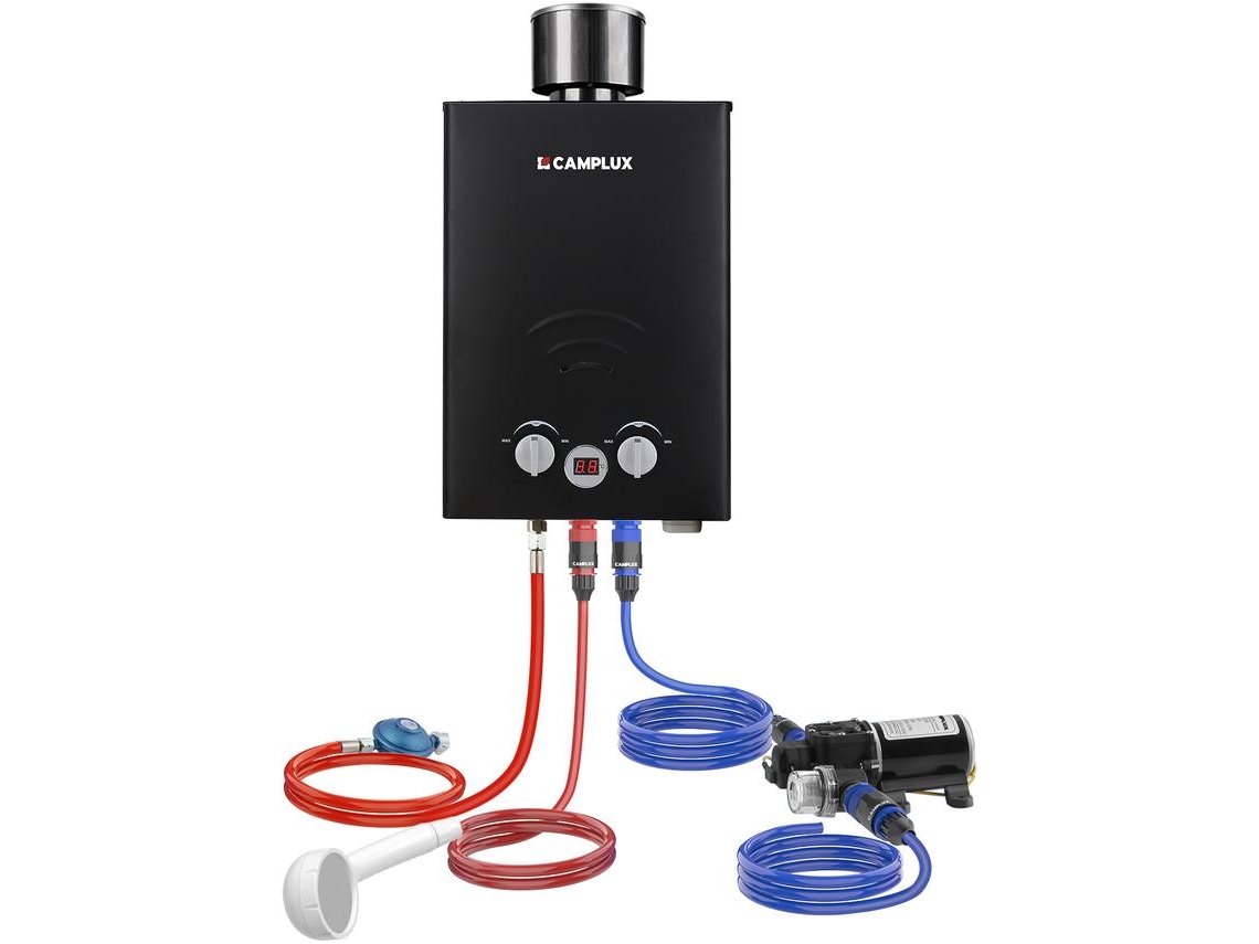 CAMPLUX BW158BCP60-DE Calentador de Agua de Gas 6 Litros, 50 mbar, con Bomba de Agua de 12V y Cubierta de Lluvia, para Ducha de Camping