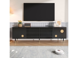 Mueble Tv Con Puertas De Madera - Estructura De Rejilla, Tiradores Ocultos, Decoración Dorada - Negro