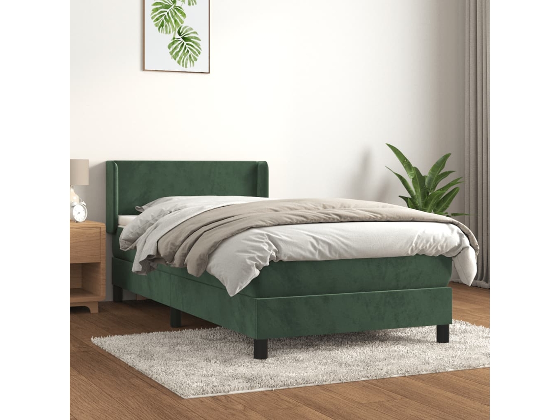 Cama Box Spring Con Colchón Terciopelo Verde Oscuro 90x190 Cm