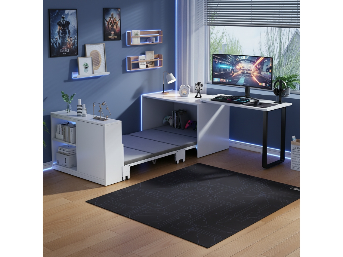Cama/escritorio Plegable 2 En 1, Colchón De Metal, Ruedas De 4 Cm, Color Blanco.
