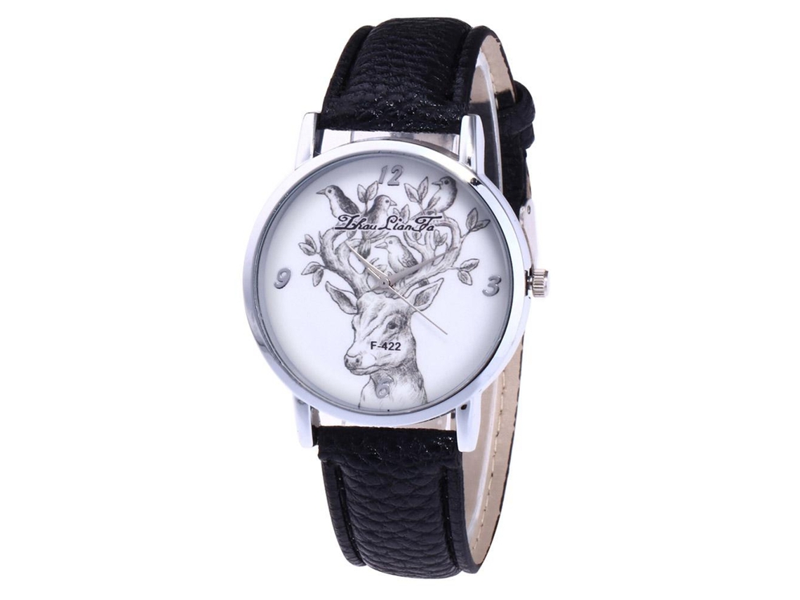 Reloj De Cuarzo Con Correa De Cuero Para Hombres, Diseño De Ciervo Y Pájaro Pequeño (negro)