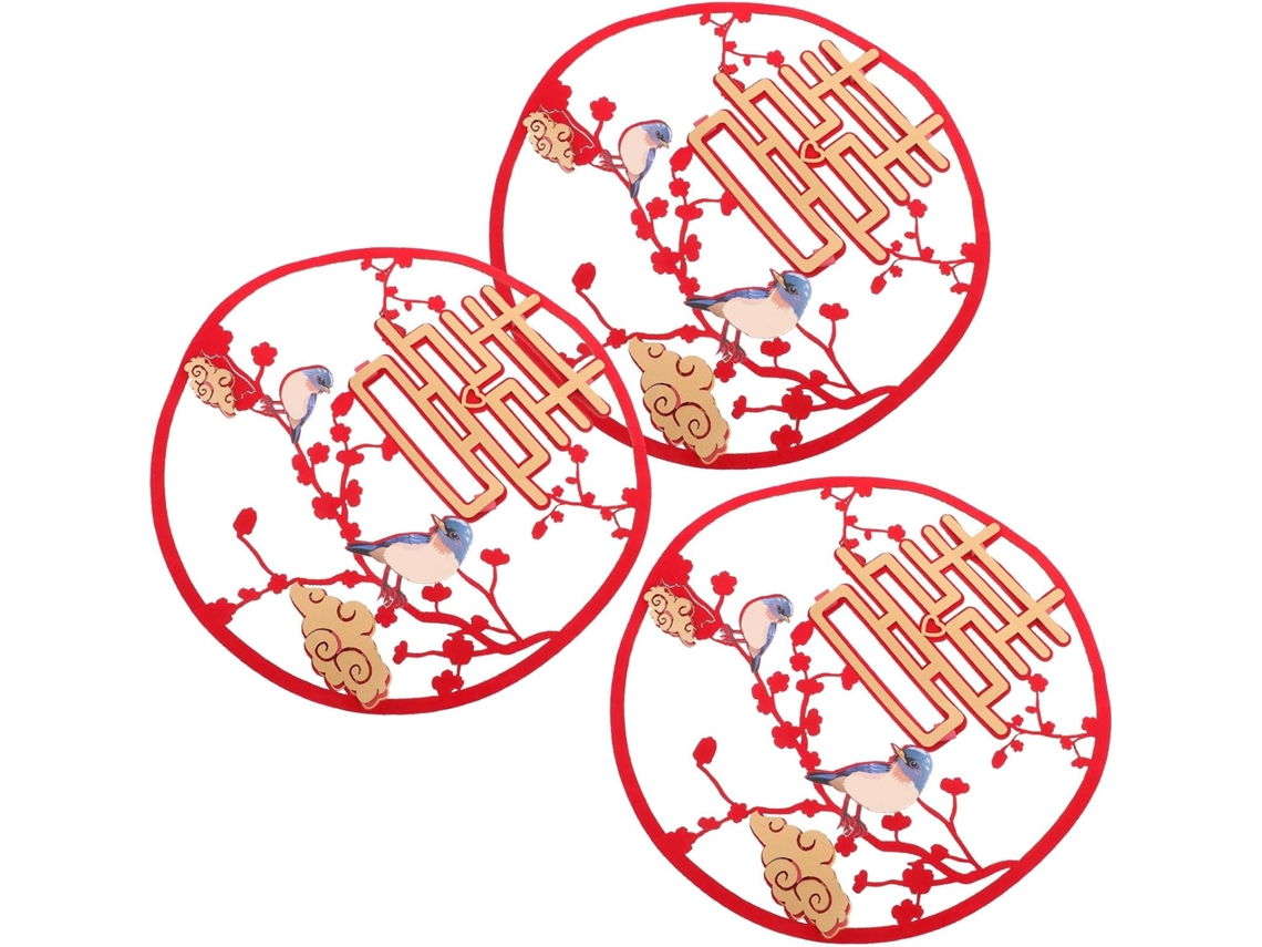 Juego de 3 pegatinas tradicionales para bodas, varios estilos, tela roja, decoración para dormitorio/coche, GOKOCO