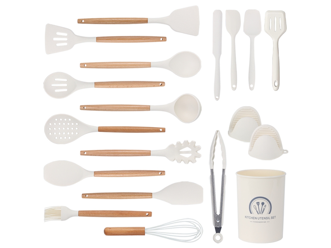 Conjunto de Utensílios de Cozinha 19 Peças Conjunto de Panelas Resistentes Ao Calor de Silicone com Cabo de Madeira Branco GERTIZ