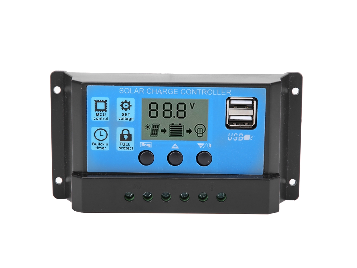 Controlador Solar Pwm Automático De 10 A, 12 V/24 V, Con Pantalla Lcd Y Doble Puerto Usb De 5 V - Azul