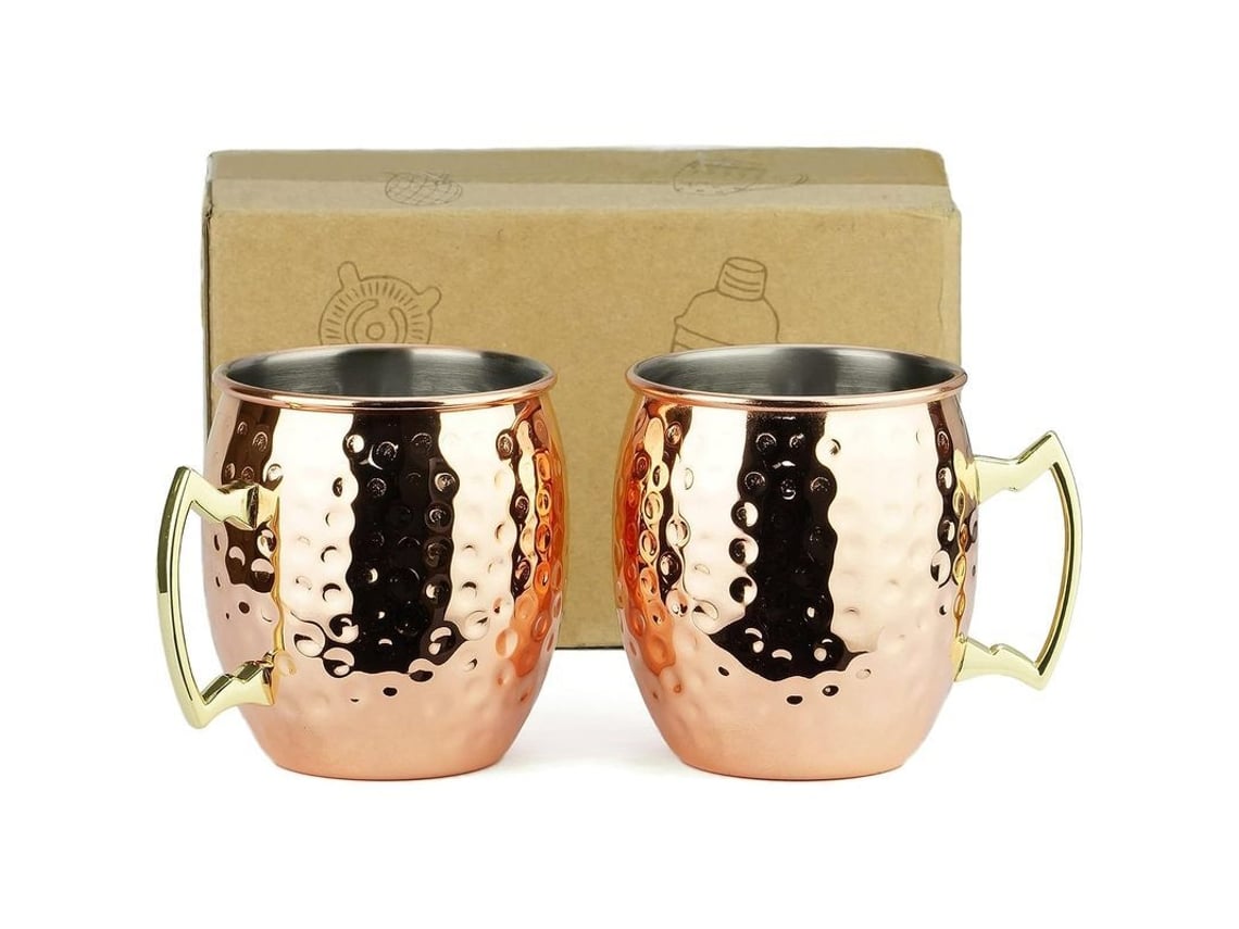 Conjunto de 2 copos Moscow Mule em aço inoxidável com revestimento em cobre, 560ml, cor ouro rosa, com cabo de latão (2026).