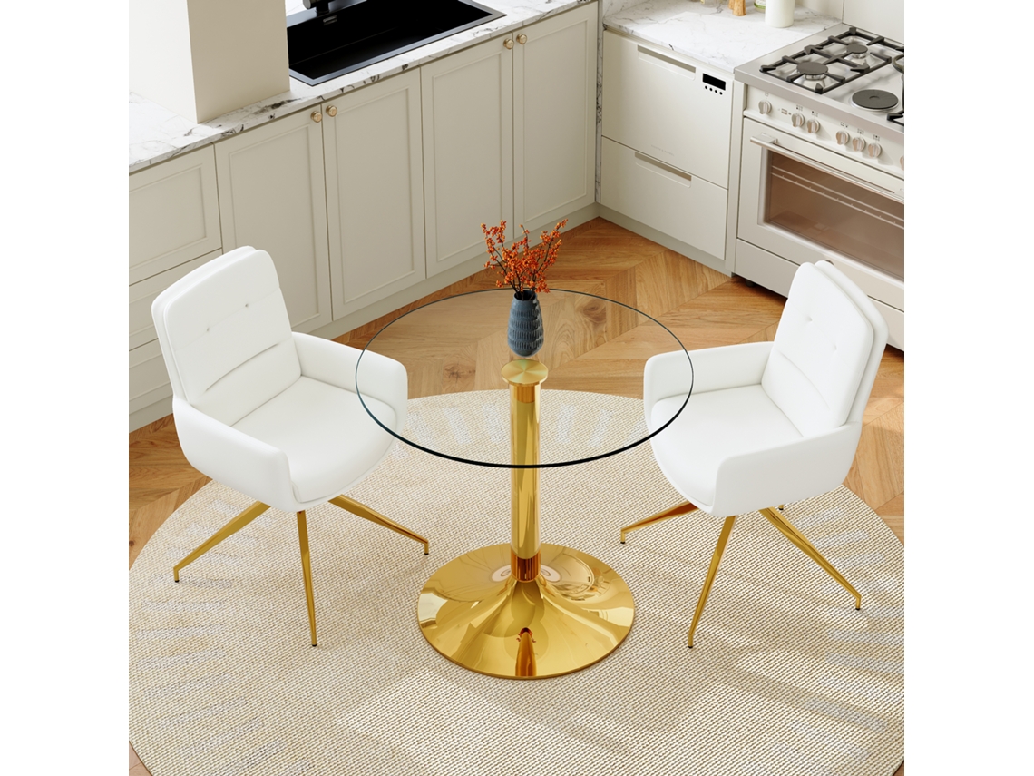 Juego De Mesa De Cristal (85 Cm) Con 2 Sillas Giratorias (360°) Tapizadas En Piel Sintética Blanca Y Dorada.