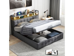 Cama Doble Con Iluminación Led Y Puerto Usb,barra Hidráulica De Almacenamiento,cabecero Tapizado En Tela De Lino Gris,140x190cm,sin Colchón