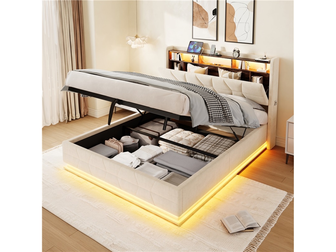 Cama Multifuncional De 140x200 Cm Con Estantes Led, Cabecero Con Conexión Usb-c Y Espacio De Almacenamiento, Soporta Hasta 300 Kg, Color Beige.