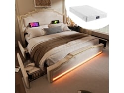 Cama 160x200 Cm Terciopelo Beige, 4 Cajones, Led, Usb-c, Somier De Láminas, Con Colchón.