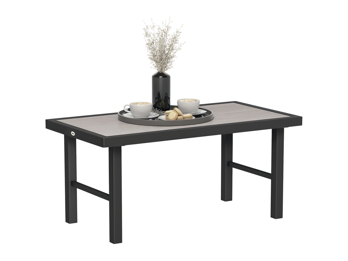 Mesa de jardín extensible de aluminio con efecto madera, patas ajustables, capacidad para 8 a 10 personas, 214x85x75 cm, gris antracita.