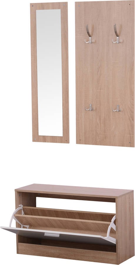 Homcom Conjunto De muebles entrada recibidor pasillo set 3 piezas zapatero espejo perchero 4 ganchos para colgar ro 1 juego y madera natural 80x27x465 837006