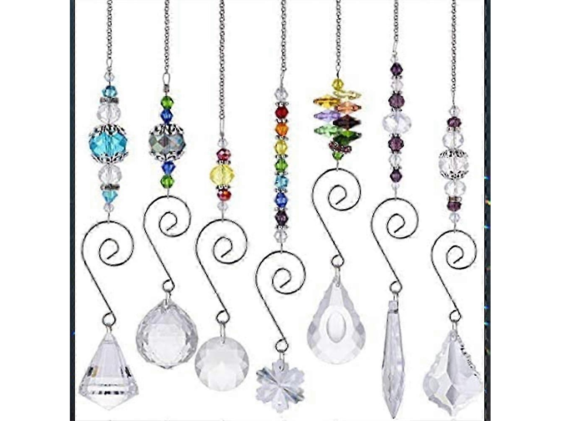 Colgante Feng Shui para colgar, modelo atrapasol con 7 cristales en forma de arcoíris y cordón de cuentas de vidrio.