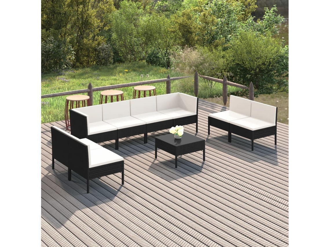 Conjunto de jardín de 9 piezas con cojines, mimbre sintético negro, DKD Home Decor