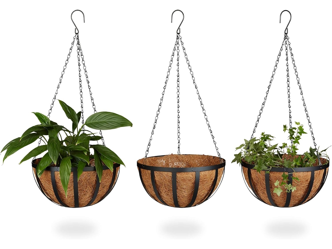 Cestas colgantes de estilo mediterráneo para plantas, cestas colgantes georgianas de hierro rígido con estructura resistente y revestimiento de musgo de coco para jardín interior y exterior.