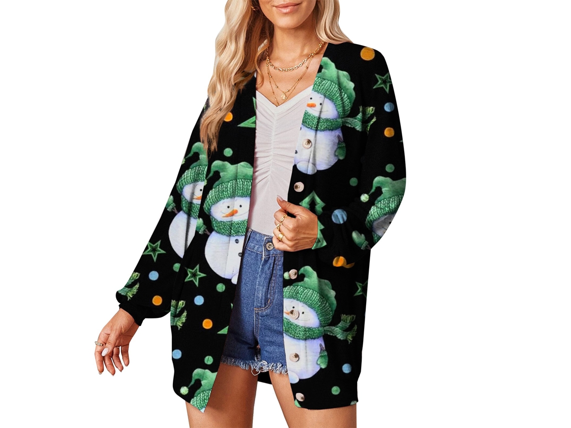 Abrigo De Navidad Con Botones Delanteros, Mangas Largas, Impreso Claro, Casual Y Cómodo Para Compras Y Fiestas, Verde Xxxl