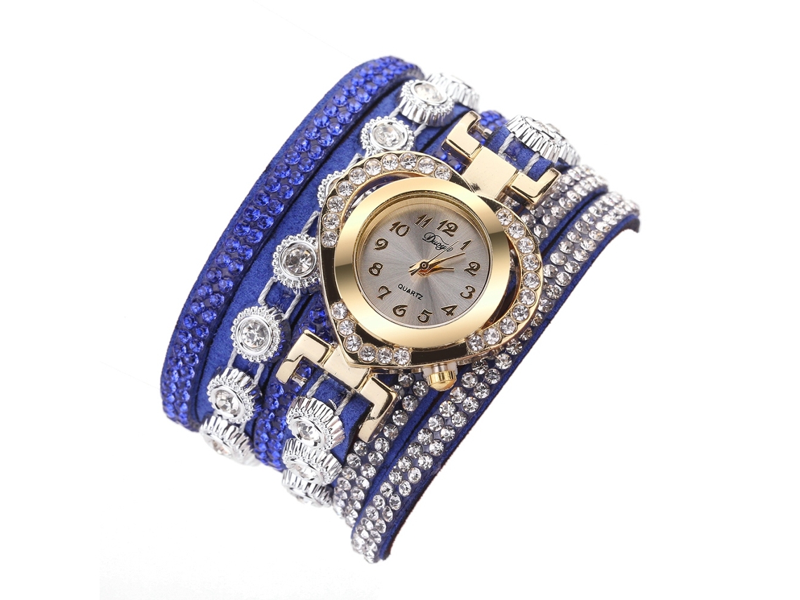 Reloj De Cuarzo Retro Para Mujer Con Capas Y Corazón De Diamantes De Imitación En Aleación Azul.