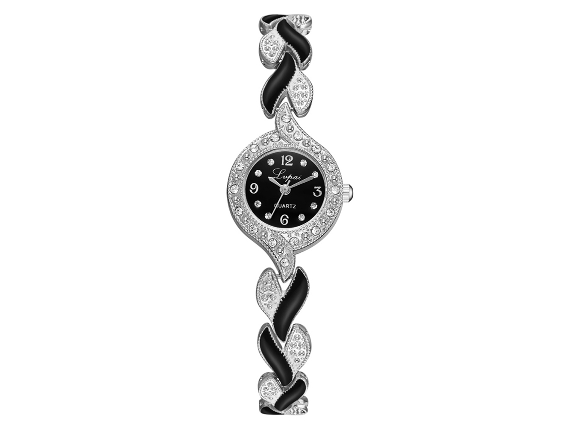 Elegante Reloj De Pulsera Retro Para Mujer Con Movimiento De Cuarzo Y Diseño De Hoja Con Pedrería (plateado Y Negro).