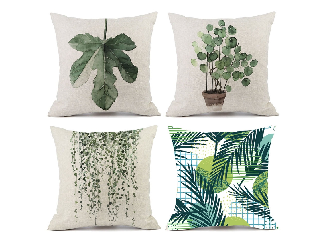 Juego De 4 Fundas De Almohada Con Estampado De Plantas Verdes, Decoración Del Hogar