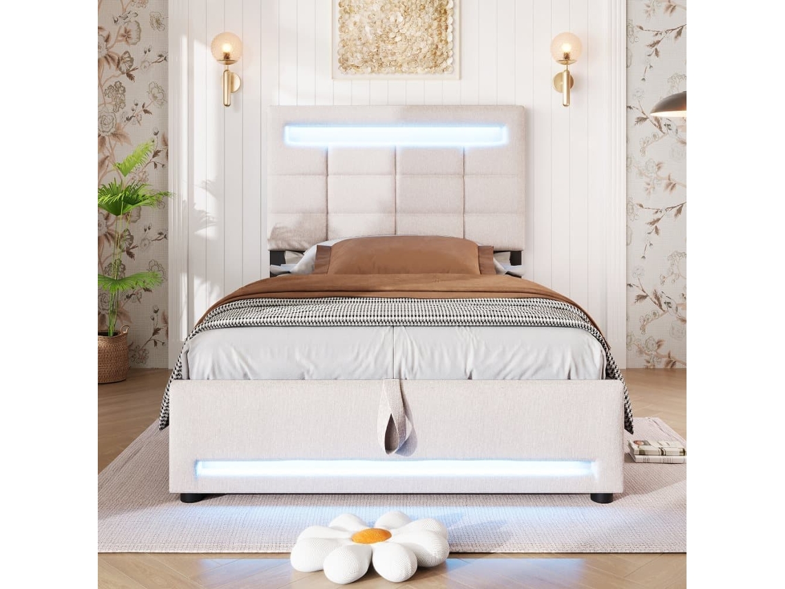 Cama Tapizada, 90x200cm - Con Control Remoto App, Con Luces Led, Almacenamiento Hidráulico, Con Puerto Usb - Beige