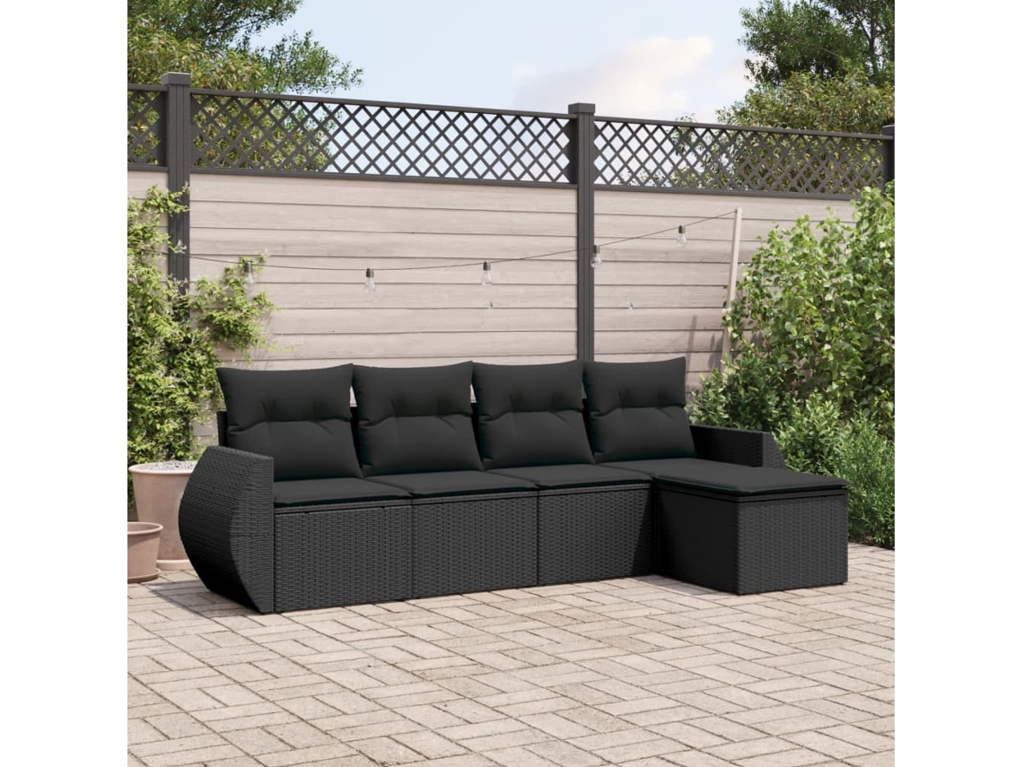 Conjunto de sofá de jardín de 5 piezas con cojines de mimbre sintético negro, Dkd Home Decor